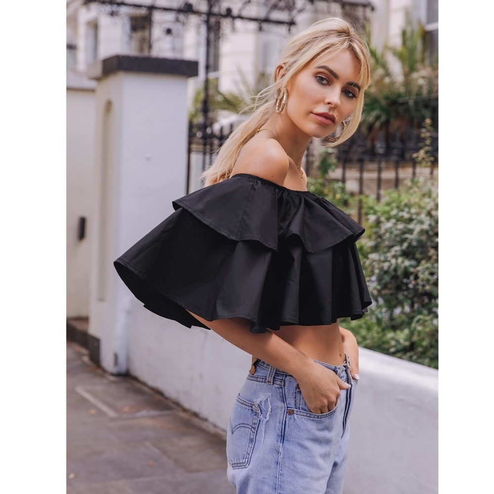 Flounce Layered Off Shoulder Black Crop Top - Picture 2 of 6